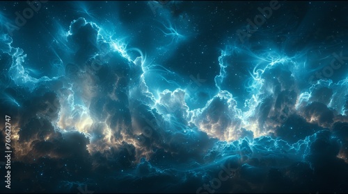 Bottom frame features realistic thunder light and blue smoke cloud. Wide panoramic element features mysterious lightning glow. Fluffy magic spell mist glows with bolt energy charge overlay turquoise