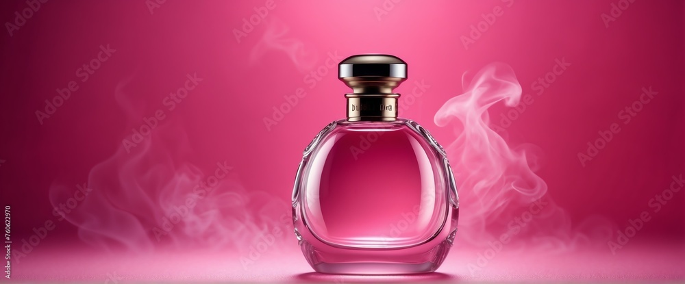A beautiful glass for womens perfume bottle on plain bright pink background with smoke fog and copyspace banner template from Generative AI A beautiful glass for womens perfume bottle on plain bright pink background with smoke fog and copyspace banner template from Generative AI