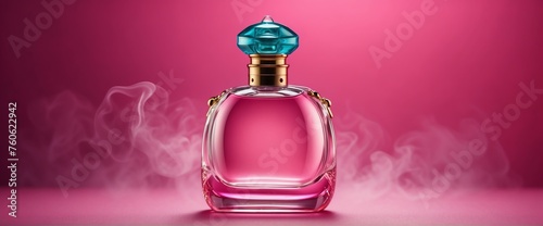 A beautiful glass for womens perfume bottle on plain bright pink background with smoke fog and copyspace banner template from Generative AI