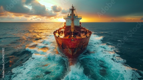 A massive ship sails through the vast expanse of the ocean