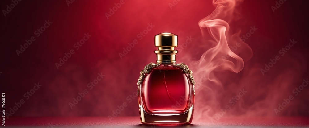 plain bright burgundy red background with beautiful glass for womens perfume bottle with smoke fog and copyspace banner template from Generative AI plain bright burgundy red background with beautiful glass for womens perfume bottle with smoke fog and copyspace banner template from Generative AI