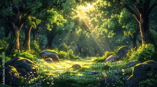 Modern illustration of a cartoon forest background with deciduous trees, moss on rocks, grass, bushes, and sunlight spots in the foreground. The scene is a summer or spring woodland parallax natural