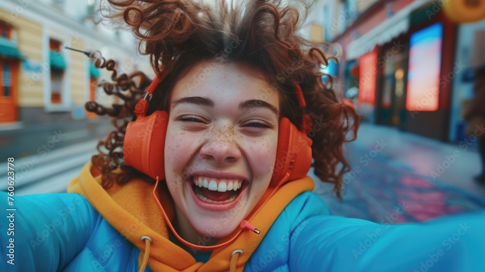 Young woman wearing headphones taking a selfie. Suitable for technology and lifestyle concepts