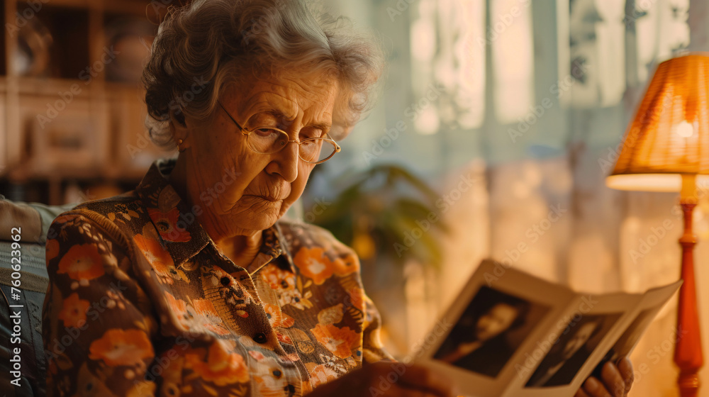Elderly woman bathed in warm indoor lighting, nostalgically looking through old family photos and cherished memories. Senior woman reflects on family history and bonds as she looks at photographs. Elderly woman bathed in warm indoor lighting, nostalgically looking through old family photos and cherished memories. Senior woman reflects on family history and bonds as she looks at photographs.