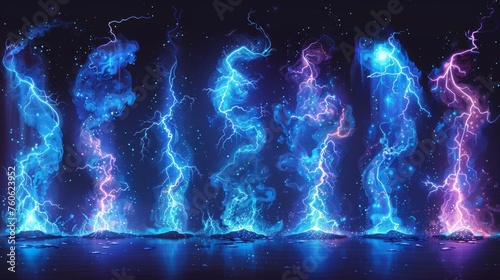 Lightning bolt hit into ground vfx effect. Blue electric or magic thunderbolt strike  impact  crack  wizard energy flash. Cartoon modern set isolated on black.