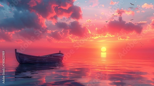 Sunrise seascape, skiff floating on calm water with birds flying in pink sky, early morning sunrise seascape on sunny sea or ocean, Cartoon modern illustration. photo