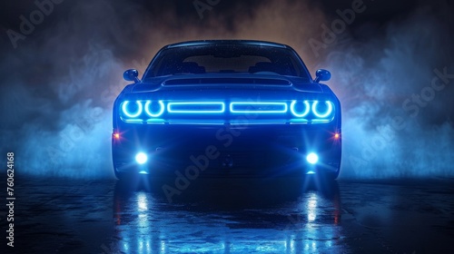 Car headlights  automobile front view overlay effect. Glowing headlamps  vehicle lamps and smoke  transport at night isolated on transparent background  realistic 3d modern illustration.