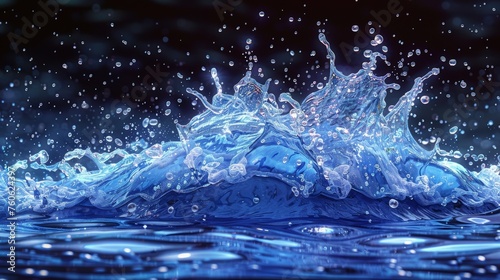 The modern illustration shows a blue water spray motion, spatter blast, drip or ripple, and a set of 2D liquid drops, crowns, flows, and falling swirls.