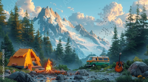 This modern landscape illustrates a summer camp with a bonfire, tent, van, backpack, chair, and guitar in a mountainous forest. The equipment can be used for hiking, camping, and activities. photo