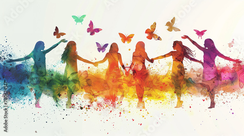 An image of the women standing back-to-back with arms outstretched a trail of butterflies rising from their hands