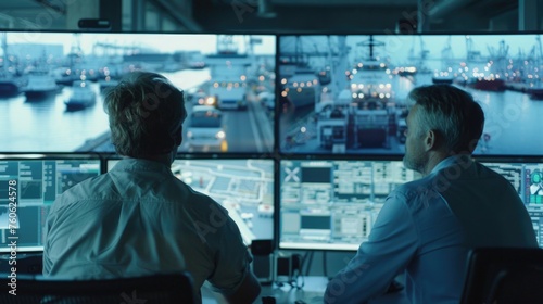 Two men sitting at a desk in front of a large screen. Suitable for business and technology concepts