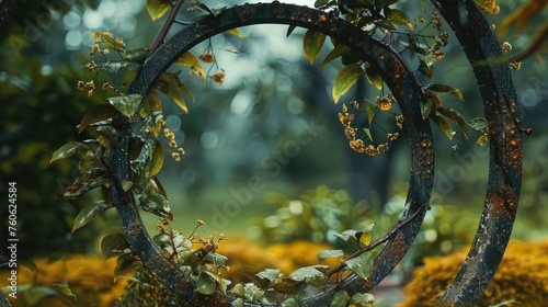 Circular metal object surrounded by vibrant yellow flowers. Ideal for nature and gardening concepts