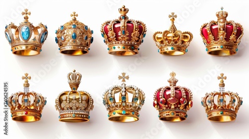 King or queen's golden crowns, medieval emperor coronation symbols, imperial symbols isolated on white background. Realistic 3D modern illustration.