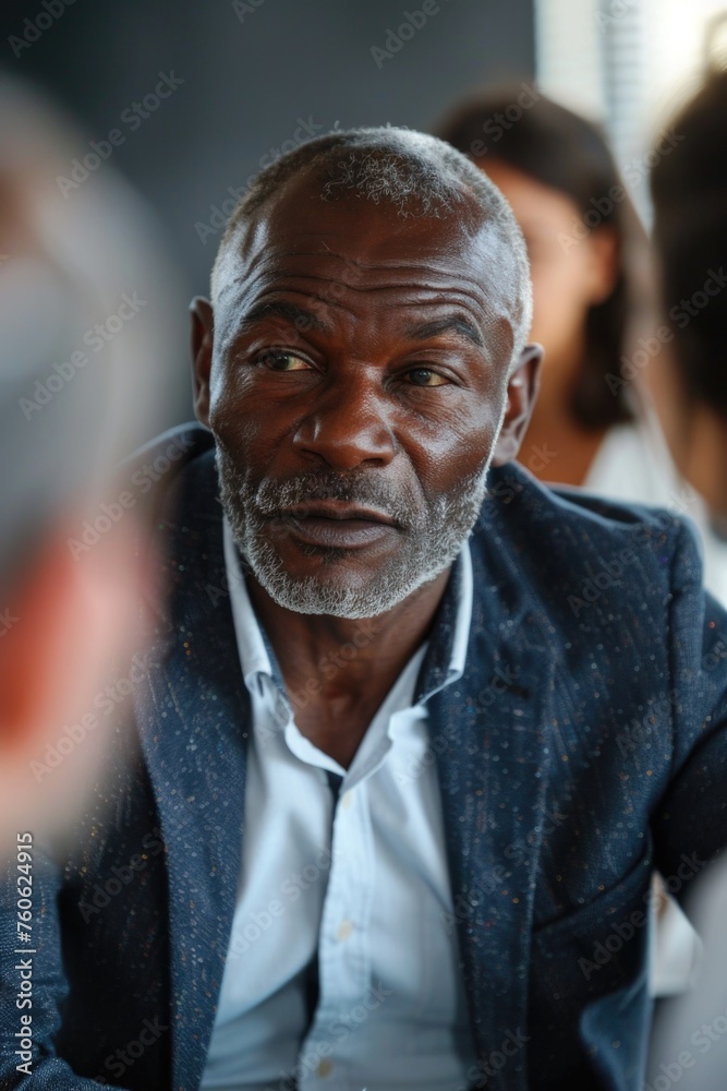 A man sitting at a table with others, suitable for business or social concepts A man sitting at a table with others, suitable for business or social concepts