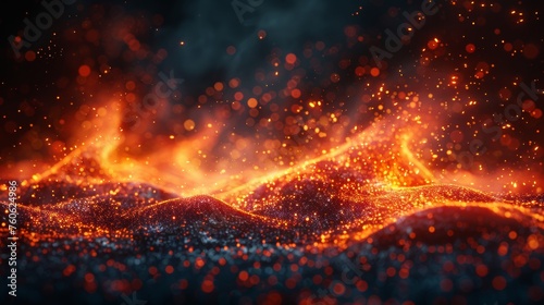 Overlay effect of red fire sparks, burning campfire flame, ember particles flying in air at night. 3D modern illustration of fire blaze and shine.
