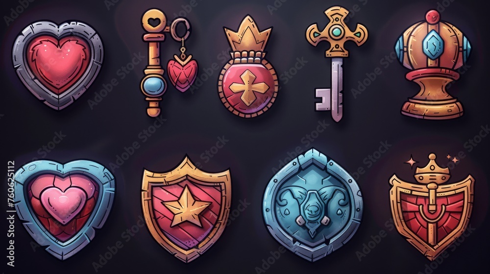 Symbols for gui of rpg computer or mobile game with shield, sword, coins, potions, star and lightning. Modern set. - obrazy, fototapety, plakaty 