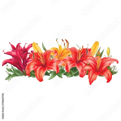 Horizontal white banner or floral backdrop decorated with beautiful  blooming exotic lily flowers and leaves border. Summer botanical vector illustration on white background. Red liles border pattern photo