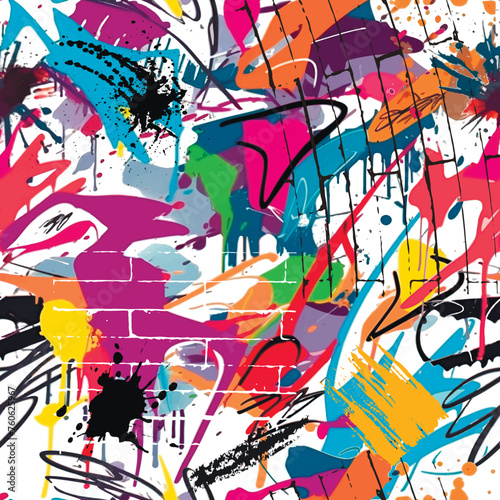 Graffiti style colorful hand drawn dirty doodles seamless pattern. White vector background with doodle lines  brush strokes  splashes  splatter. Trendy repeat bright backdrop. Modern drawing graffiti