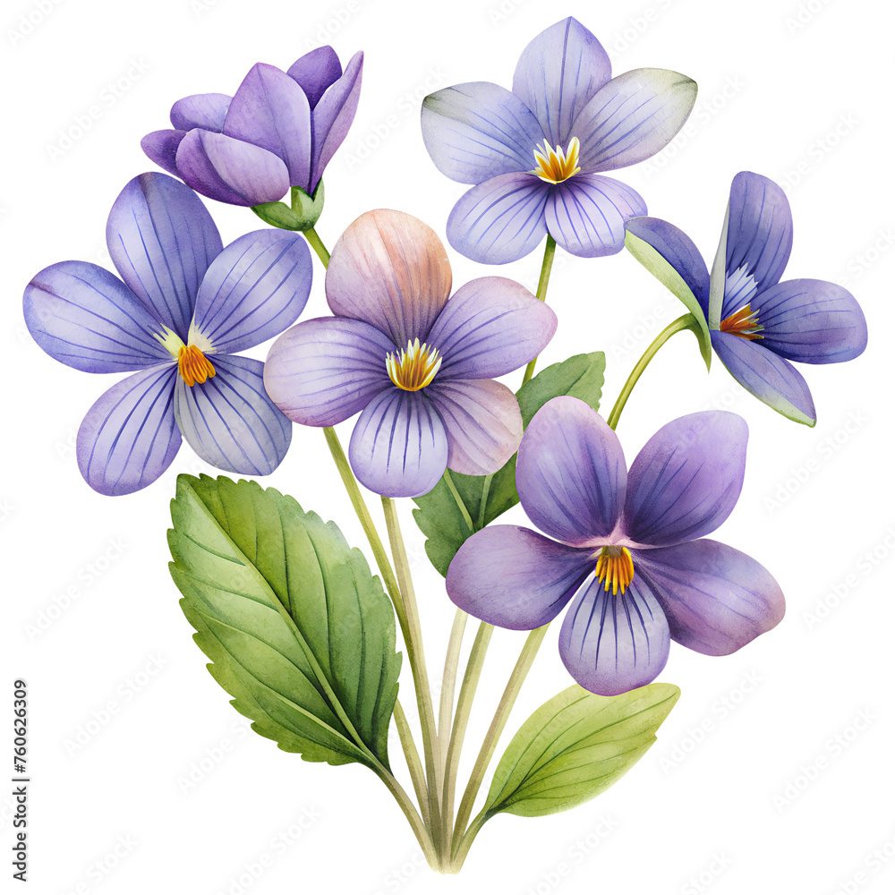 Illustration of violet flowers isolated on transparent background	