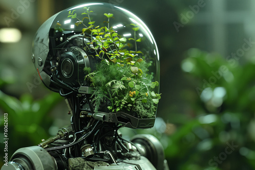 A portrait of a robot with a glass head, revealing a lush, miniature garden growing inside
