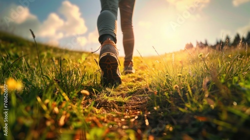 A closeup shot of a person walking on the pathway in the field under a bright sky