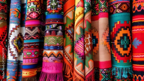 South American fabric pattern. Traditional vivid beautifully folded textile with ornaments photo