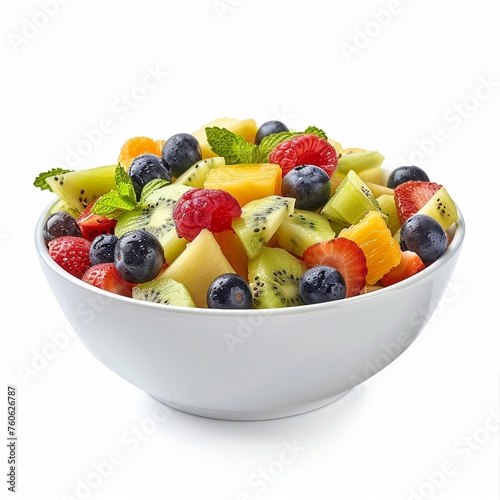 A bowl of fruit salad with strawberries  blueberries  kiwi  raspberries and mint leaves