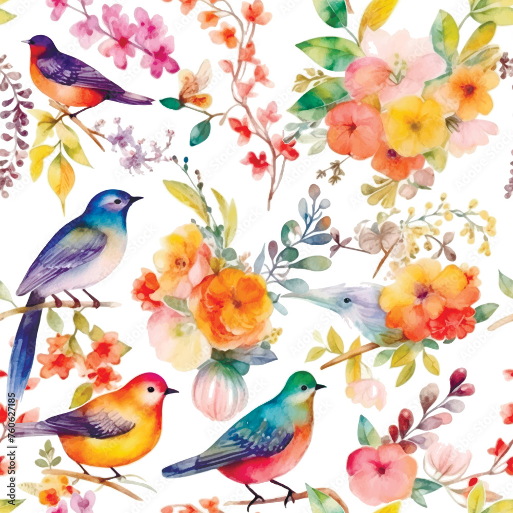Watercolor hand drawn painting colorful birds seamless pattern. Spring summer vector background with branches, birds, flowers, leaves. Drawing watercolor repeat pattern for fabric, wallpapers, cards