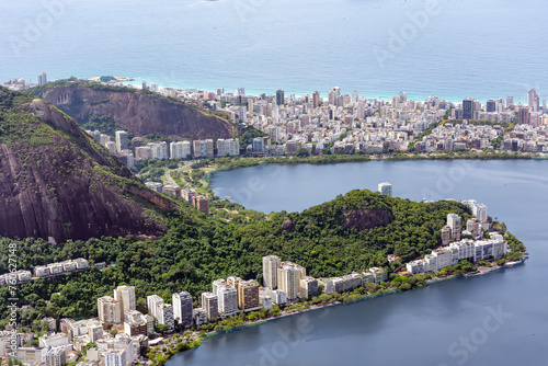 Panorama view on Rio de Janeiro, Sugar Loaf and Botafogo bay in Atlantic ocean, viewed from Corcovado mountain. Brazil.	
