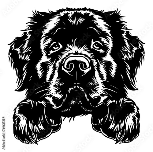 newfoundland dog face peeking over front paws vector illustration
