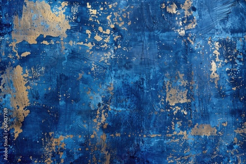 A picture of a wall with peeling blue and gold paint. Suitable for backgrounds or textures