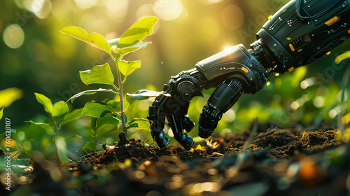 The robot hand planting a tree in a deforested area