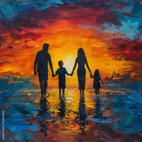The silhouette of a family holding hands walking along the shoreline at sunset