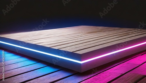 Close up of Glowing neon light empty wooden plank product white glowing in the dark  pink blue neon light  3d render   empty wooden the table