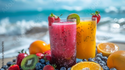 Fresh fruit smoothies in vibrant colors of strawberry and orange are served beachside, accompanied by an assortment of juicy berries and citrus, offering a taste of summer refreshment