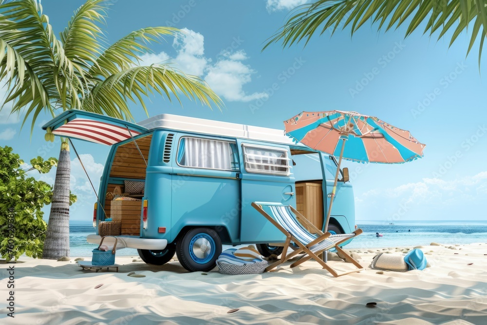 A blue van parked on a sandy beach next to a palm tree. Suitable for travel and vacation themes