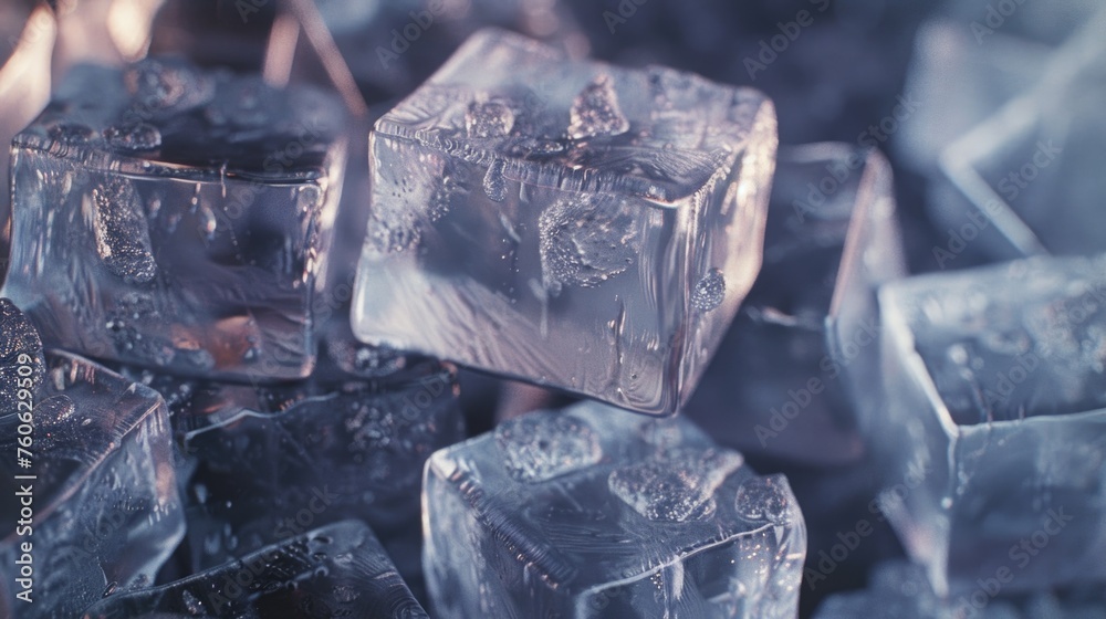 A pile of ice cubes stacked on top of each other. Suitable for beverage or cold drink concepts