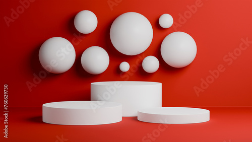 Red Realistic 3d stage podium with shaped balloons for for products showcase, Promotion display. abstract studio room platform design.