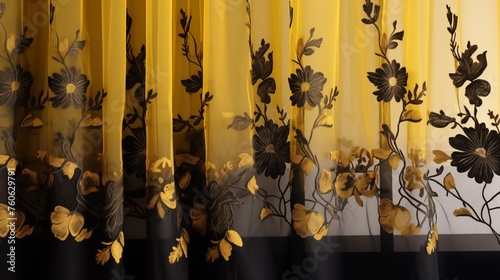 Hang black sheer curtains with yellow embroidery for a touch of elegance.