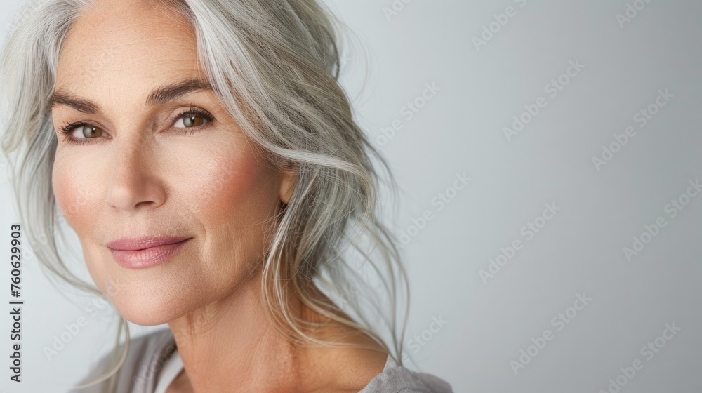 Detailed shot of a woman with gray hair, suitable for beauty or aging concepts Detailed shot of a woman with gray hair, suitable for beauty or aging concepts