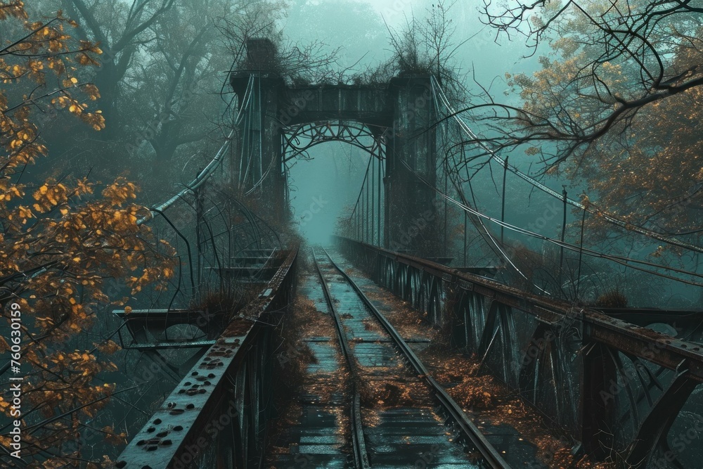 Naklejka premium Dilapidated Abandoned city bridge. Summer wall. Generate Ai