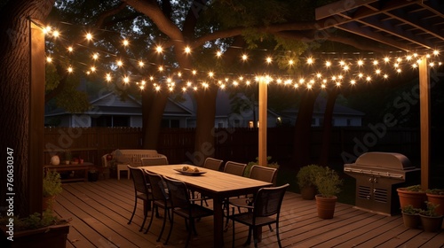 Hang string lights overhead for ambiance and to extend outdoor enjoyment into the evening. © Aeman