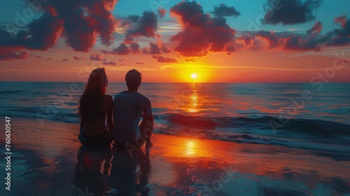 Two People Sitting on the Beach Watching the Sunset