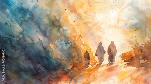 The disciples' disbelief and joy upon encountering the risen Jesus on the road to Emmaus, with warm and inviting watercolor tones conveying the transformative moment.
