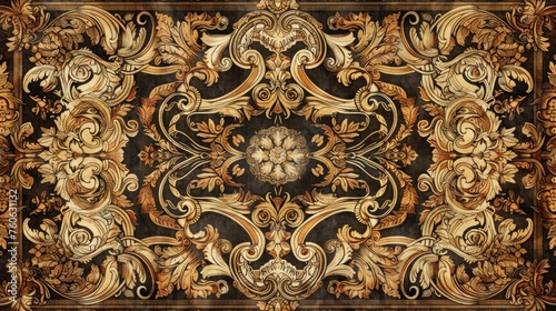 "Classic baroque pattern with floral and foliage elements on black background. Rococo style fabric design for luxury interiors."