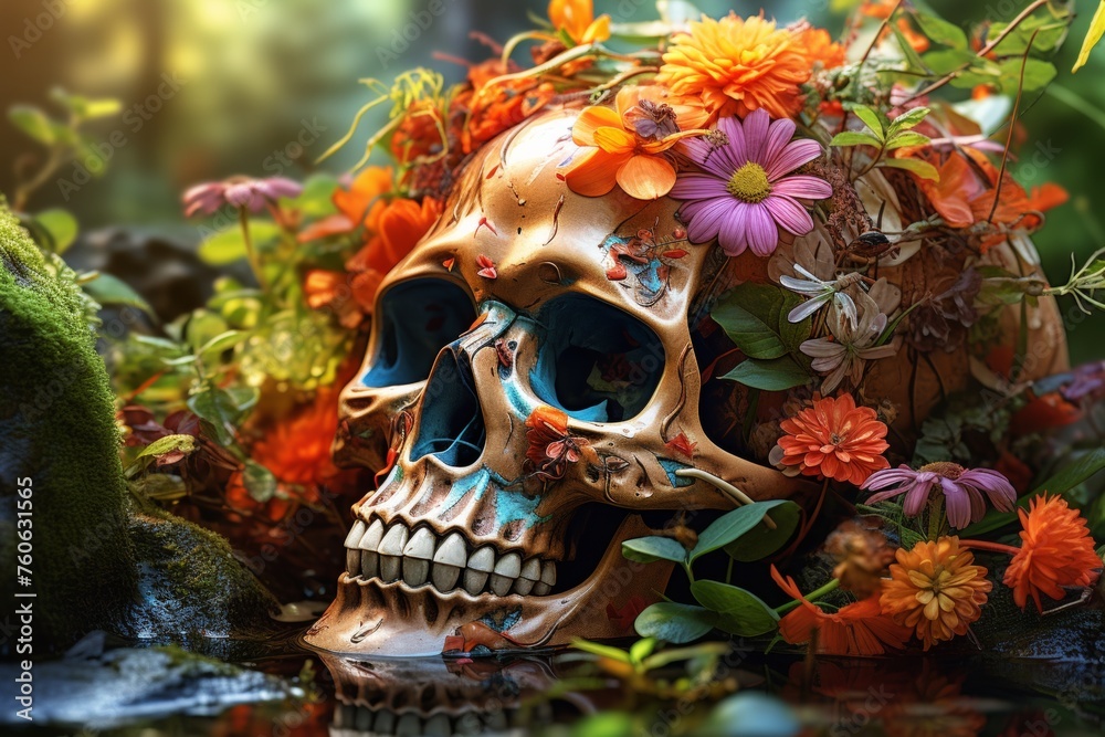 Intricate skull portrait  gold crown, flowers, and dark drama in cryengine style - obrazy, fototapety, plakaty 