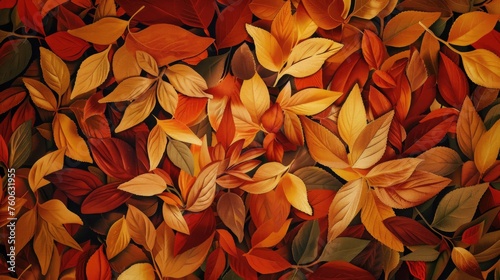  Warm autumn leaves texture on a black background. Dense foliage pattern for design projects. Cozy fall concept for decoration and print. 