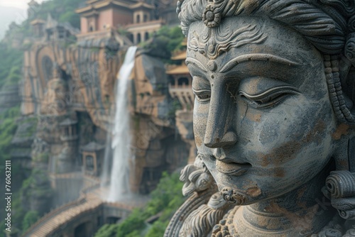 A statue stands gracefully as a majestic waterfall flows in the background in India. © Vitalii But