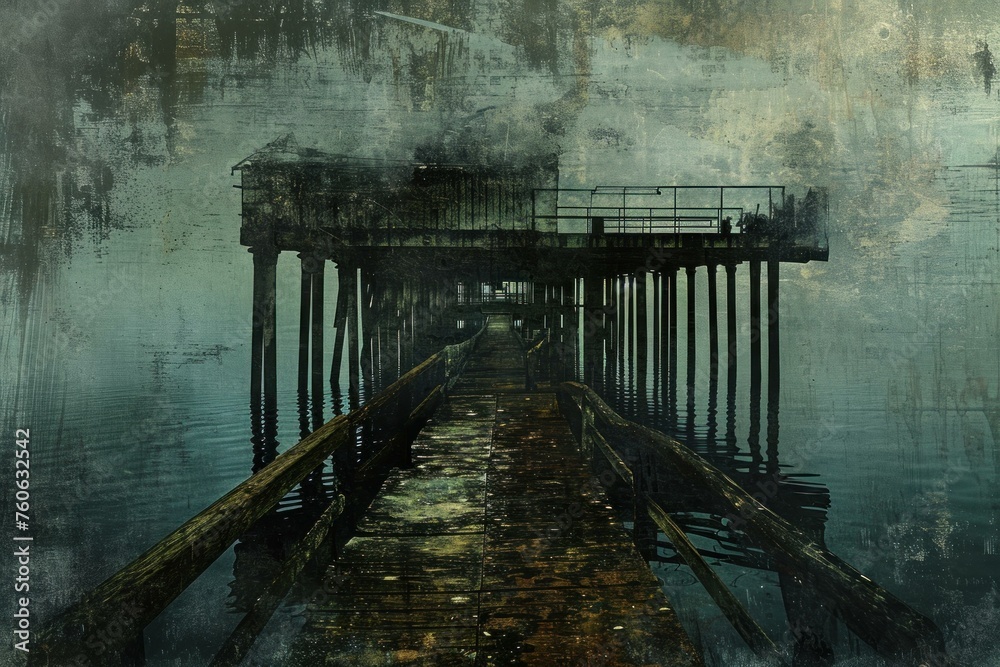 Decayed Abandoned pier art. Avian dock. Generate Ai