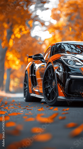 Black sports car on the road in the fall